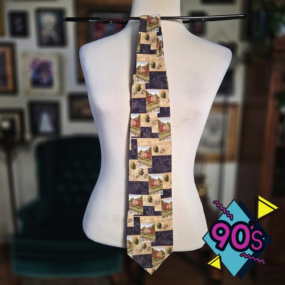 Structure Silk Tie Mens Vintage 90s Scenic Estate Print Brown Purple Made in USA